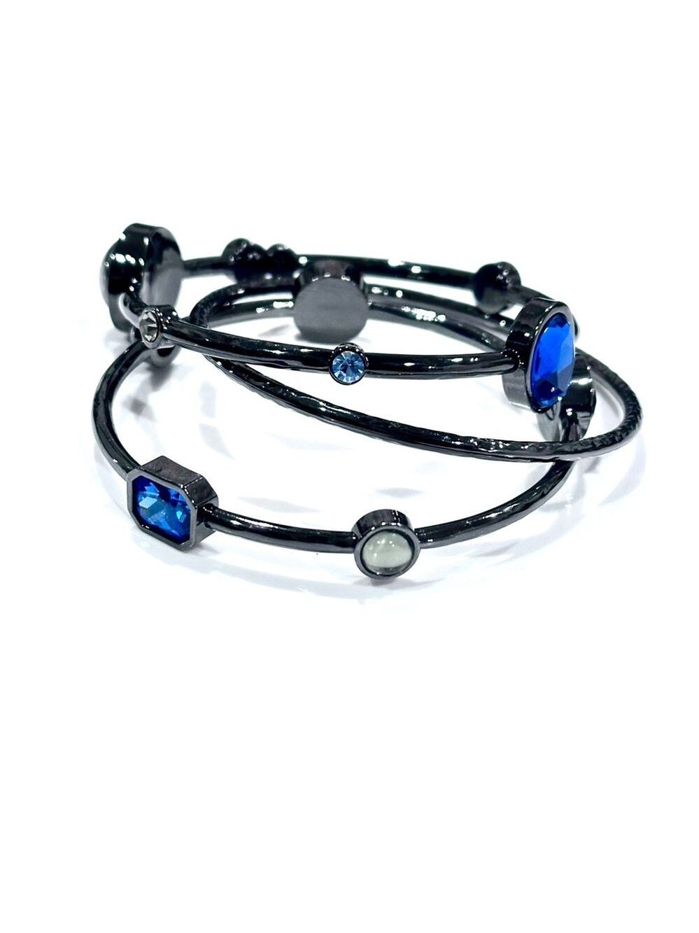 CHICO’s Polished Gunmetal & Mixed Blue Gemstone Bangle Set (set of 3) NEW​